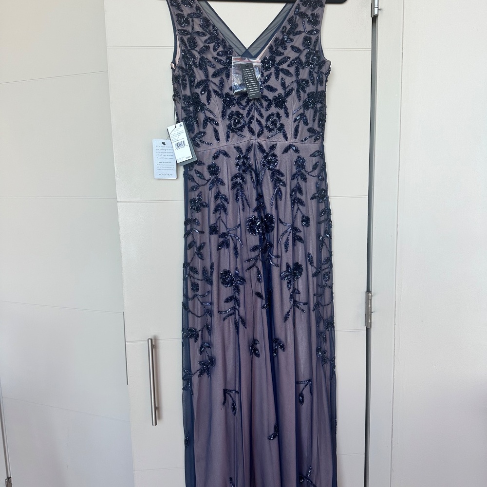 New Adrianna Papell Beaded Mesh Dress (Navy & Rose Gold) - Picture 4 of 5